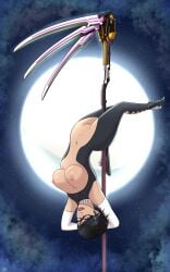 1girls atnog bayonetta bayonetta_(character) bayonetta_2 female female_only solo source_request stripper_pole stripping topless upside-down year_request