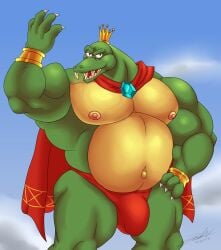 anthro balls bara bulge cape crocodile crown donkey_kong_(series) donkey_kong_country gay jabuhusky k_rool male male_only muscles muscular nintendo penis scalie solo solo_male