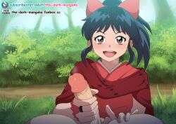 1boy 1girls bow brown_eyes bushes cape dark_blue_hair fingerless_gloves forest forest_background gloves grass hand_on_penis handjob inuyasha kimono leaves looking_at_viewer moroha penis precum rubbing_penis smiling smiling_at_viewer the_dark_mangaka uncensored unseen_male_face yashahime:_princess_half-demon