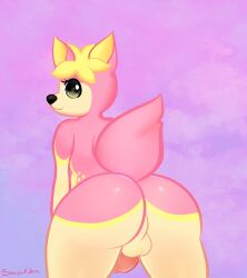 animal_genitalia animal_penis anthro ass balls black_eyes deerling genitals hi_res looking_at_viewer lucidkitty male nintendo penis pink_body pokémon_(species) pokemon solo video_games