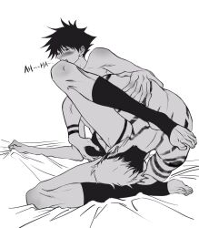 2boys anal anilingus arm_tattoo back_tattoo bed_sheet blush feet fushiguro_megumi gay jujutsu_kaisen makababazi male male/male male_focus male_only monochrome multiple_boys nail_polish ryoumen_sukuna_(jujutsu_kaisen) short_hair shoulder_tattoo spiked_hair stirrup_legwear tattoo testicle_grab testicles toeless_legwear toes undercut yaoi