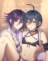 2boys ahoge arm_grab black_hair blush crossdressing danganronpa danganronpa_v3 embarrassed ewa_(seraphhuiyu) femboy gay girly hair_between_eyes light_skin male male/male male_only open_mouth ouma_kokichi purple_eyes purple_hair saihara_shuuichi short_hair shy smile straight_hair yaoi yellow_eyes