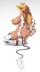 anal anal_object_insertion anal_tail animal_ears animal_print anus ass bad_anatomy bangs beeeeen black_collar blonde_hair blush boots breasts buttplug_tail censored collar commentary_request cow_ears cow_horns cow_print dark-skinned_female dark_elven_forest_ranger dark_skin elbow_gloves fake_tail female from_behind full_body gloves gradient gradient_background grey_background hair_between_eyes hand_on_own_ass hand_on_own_thigh high_heel_boots high_heels highres horns huge_breasts last_origin long_hair looking_at_viewer looking_back mosaic_censoring naked_footwear naked_gloves naked_thighhighs nipples nude object_insertion parted_lips print_footwear print_gloves profile puffy_nipples purple_eyes pussy shoe_soles sideways_glance skindentation solo spread_ass spread_legs squatting tail thigh_boots thighhighs tiptoes two_side_up very_long_hair white_background white_footwear white_gloves