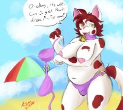 anthro beach bell bell_collar breasts brown_hair bulge clothed clothing collar domestic_cat dynamitegrizzly_(artist) exhibitionism felid feline felis futanari gynomorph hair intersex mammal roger_mello_(dynamitegrizzly) seaside slightly_chubby solo topless turkish_van yellow_eyes