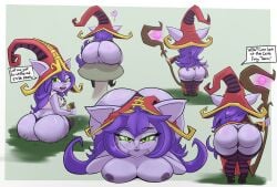 1girls anus ass ass_up bent_over big_ass bottomless breasts bunslewd clothing dat_ass dialogue female female_only freckles green_eyes huge_ass league_of_legends looking_at_viewer looking_back lulu_the_fae_sorceress mushroom nipples on_stomach panties purple_hair purple_skin pussy riot_games shortstack sitting solo staff standing text text_on_clothing text_on_shirt thick_thighs thighhighs thong topless wide_hips yordle