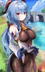 1girls blaname blue_hair blush bow cowbell duck fire ganyu_(genshin_impact) genshin_impact horns looking_at_viewer nipple_bulge ponytail sak_(lemondisk) solo sweat tagme thick_thighs video_games