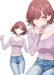 1girls after_sex blush brown_hair clothed cum_on_body cum_on_face female female_focus female_only higuchi_madoka idolmaster jeans mole_under_eye purple_eyes solo solo_female solo_focus the_idolm@ster yang-do yd_(orange_maru)