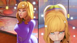 1boy 1girls 3d amateurthrowaway animated ass blonde_hair blowjob bra clothed daphne_blake dat_ass duo eyes_looking_up eyes_rolling_back fellatio green_eyes hypnosis large_ass large_penis oral orange_hair panties purple_dress scooby-doo sound sparkles tagme thick_ass video