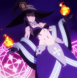 abs belly_button bikini_top enen_no_shouboutai fire fire_force midriff oze_maki purple_lighting witch witch_hat