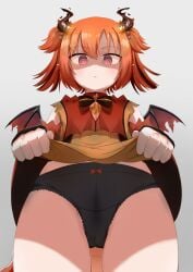 1girls black_panties cameltoe dragon_girl dragon_horns dragon_tail dragon_wings draki_kona female female_only flat_chest horns jewelry light-skinned_female light_skin orange_hair pixela_isekai pixela_project red_eyes short_hair skirt_lift solo tail twintails virtual_youtuber wings yandere