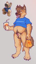 absurd_res animal_genitalia animal_penis belly big_belly canid canine canine_penis canis clothing domestic_dog genitals half_naked heavy hi_res male mammal no_pants overweight penis shirt solo t-shirt tass_the_bovine tongue tongue_out topwear