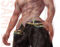 1boy black_pants crotch_focus head_out_of_frame jojo's_bizarre_adventure jotaro_kujo male male_nipples male_only muscular_male pecs solo solo_male stardust_crusaders two_belts unbuckled_belt unzipped_pants veiny_arms yanliyvonne