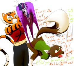 1boy 1girls 4th_wall_breaking anthro ass blush canine english_text exposed_ass feline female fourth_wall fox furry humiliation kung_fu_panda male master_tigress text the_killer_wc tiger tkwc_(character) wedgie