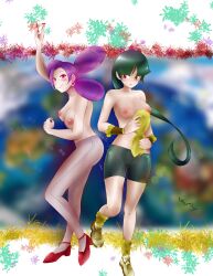 2girls arms_up ass_shake blush breasts breasts_out earrings fantina_(pokemon) flatpancakes high_heels highres large_breasts long_hair looking_at_another multiple_girls pantyhose pokemon pokemon_dppt pokemon_lgpe pokemon_rgby pussy_visible_through_clothes sabrina_(pokemon) shoes_only tight_clothing transparent_clothing