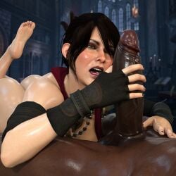 1boy 1girls 3d ass big_breasts bioware black_hair black_nails breasts busty dark-skinned_male dragon_age feet female female_focus holding_penis huge_cock interracial morrigan_(dragon_age) nordfantasy partial_male short_hair soles