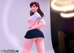 1girls 3d academy_d.va ass breasts d.va dat_ass female female_only lewddokkae miniskirt nude nude_female overwatch partially_clothed pose school_uniform schoolgirl shooting solo