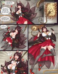 akagi_(azur_lane) asphyxiation ass azur_lane big_breasts black_skirt breasts brown_hair brown_tail comic defeated defeated_villainess female_prey fox_ears fox_girl fox_tail huge_breasts large_breasts lifting linart neck_grab noose panties red_dress red_skirt red_tie struggling suffering vore worm