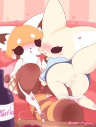 3:4 aggressive_retsuko ailurid alcohol anthro anus ass assisted_masturbation beverage blush bodily_fluids body_blush bottomwear brown_body brown_fur bubble canid canine clothed clothing container cup digital_drawing_(artwork) digital_media_(artwork) drinking_glass drunk drunk_bubble duo female female/female fennec fenneko fluffy fluffy_tail fox fur genital_fluids genitals glass glass_container glass_cup heart hi_res kemono mammal markings nakimayo neck_tuft orange_body orange_fur panties panties_down partially_clothed pussy pussy_blush pussy_juice red_panda retsuko sanrio skirt straight_hair striped_markings striped_tail stripes substance_intoxication tail_markings tan_body tan_fur tuft underwear underwear_down wet wet_clothing wet_panties wet_underwear wine wine_glass