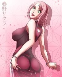 ass big_breasts boruto:_naruto_next_generations bracelet breasts cherry female female_only forehead forehead_mark green_eyes lipstick makeup milf mommy mouth naruto naruto_(series) open_mouth pink_hair rakara11 red_clothing sakura_haruno seductive seductive_mouth seductive_smile shadow solo sweat sweating