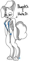 anthro big_lips blue_bikini bunny bunny_ears bunny_feet bunny_girl bunny_tail eyes_half_open kissable_lips laxmye stonetoss tall_female thong_bikini thong_wedgie what white_fur