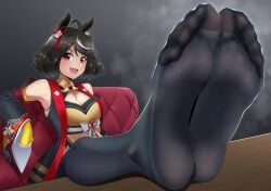 1girls absurd_res animal_ears black_hair breasts cleavage feet feet_up foot_fetish foot_focus footwear hair_ornament kitasan_black_(umamusume) looking_at_viewer nylons pantyhose red_eyes sitting smile smiling soles toes tsa umamusume