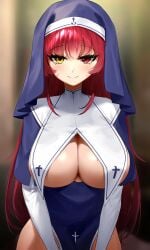 1girls absurdres blue_dress blurry breast_curtains breasts cleavage closed_mouth depth_of_field dress habit heterochromia highres hololive hololive_fantasy hololive_japan houshou_marine large_breasts long_hair long_sleeves looking_at_viewer mole mole_on_breast no_bra no_panties nun pelvic_curtain red_eye red_hair revealing_clothes sbgu smile solo upper_body veil virtual_youtuber yellow_eye