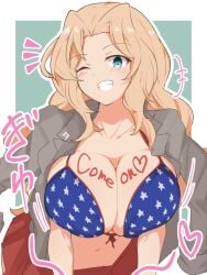 1girls american_flag_bikini aqua_eyes blonde_hair body_writing border breasts cleavage female female_only girls_und_panzer grin heart jacket kanji kay_(girls_und_panzer) large_breasts navel red_skirt simple_background skirt solo suggestive text white_border wink