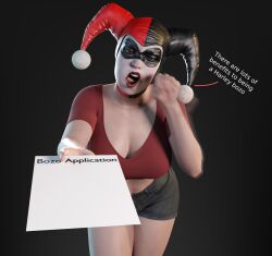 1girls 3d 3d_(artwork) batman:_arkham_knight batman_(series) blender_(software) blowjob_face blowjob_gesture cleavage dc dc_comics fellatio_gesture female female_only harley_quinn harley_quinn_(classic) harley_quinn_(injustice) injustice_2 large_breasts looking_at_viewer oral oral_insinuation oral_invitation pale-skinned_female pale_skin petite pov red_lipstick seductive_mouth shorts smitty34 solo text twintails villain