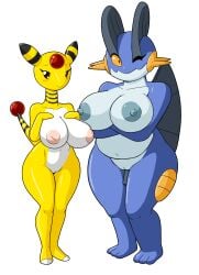 absurd_res ampharos anthro areola arms_under_breasts bedroom_eyes belly big_breasts blue_nipples blush breasts duo female genitals hand_on_chest hi_res huge_breasts inverted_nipples looking_at_viewer multicolored_body narrowed_eyes navel nintendo nipples nude one_eye_closed pokémon_(species) pokemon pokemon_(species) pokemon_only pussy seductive slightly_chubby smile swampert tan_nipples tansau thick_thighs two_tone_body video_games wink