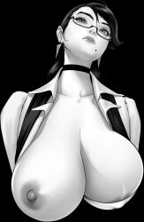 1girls bayonetta bayonetta_(character) beauty_mark big_breasts black_hair blouse boss business_suit business_woman choker cleavage corset dominant dominant_female dominatrix earrings eyelashes eyeliner eyeshadow female female_only glasses high_resolution huge_breasts lingerie lipstick long_hair looking_at_viewer looking_down makeup mature_female mole monochrome nipples office office_lady prywinko shirt waifu2x