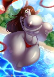 absurd_res anthro ass beach big_breasts big_butt breasts clothing curvy_figure digital_media_(artwork) female green_eyes hair hi_res horn huge_breasts mammal misentes nipples nude rhinocerotoid seaside simple_background slightly_chubby solo surprise swimwear thick_thighs torn_clothing wide_hips