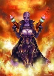 1girls alien alien_girl ass bald_female big_ass big_breasts breasts cizi classic_alien dat_ass female female_focus female_only mister69m oc original purple_eyes purple_skin science_fiction solo weapon