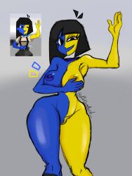 blue_skin breasts ena eyeshadow goth holding_breast rlcompact_ smile yellow_skin