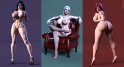 3d 3girls abs absurdres alternate_ass_size alternate_breast_size armchair ass ass_focus bikini black_hair blue_background breasts chair ciri colored_skin fishnets grabbing_own_breast green_eyes high_heels highres huge_ass huge_breasts lewdink lips looking_at_viewer mature_female micro_bikini milf muscular pale_skin purple_background purple_eyes red_background red_hair ribs scar sitting sitting_on_object smirk swimsuit the_witcher_(series) thick_thighs thighs thong toned triss_merigold warrior white_hair white_skin yennefer