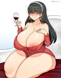 big_breasts blush drunk female female_only heart hiccuping huge_breasts large_breasts nipples sitting solo spy_x_family startop thick_thighs watermark wine wine_glass yor_briar