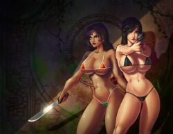 2girls bikini black_hair brown_eyes brown_hair casual dark-skinned_female dark_skin female firearm forehead_mark green_eyes gun handgun holding_weapon hourglass_figure huge_ass human indian indian_female knife kseniaharlequin long_hair original original_characters pale_skin swimwear thick_thighs voluptuous weapon