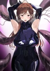 absurdres armpit_cutout armpits arms_up bangs blush bodysuit bondage bound bound_wrists braid breasts brown_eyes brown_hair chains clothing_cutout cowboy_shot crying crying_with_eyes_open ear_penetration empty_eyes female highres iku_(ikuchan_kaoru) kanojo_okarishimasu large_breasts latex latex_bodysuit long_hair mizuhara_chizuru netorare open_mouth purple_bodysuit restrained saliva saliva_trail sweat swept_bangs tears tentacle tongue tongue_out