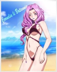 bare_shoulders beach bikini blush breasts character_name cleavage code_geass cornelia_li_britannia covered_nipples female highres kaname_aomame long_hair looking_at_viewer navel purple_bikini purple_eyes purple_hair purple_lips purple_nails solo swimsuit