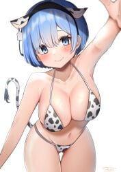 1girls 2022 alternate_version_available animal_ears animal_print arm_up ass_visible_through_thighs bikini bikini_bottom bikini_top blue_eyes blue_hair blush breasts cleavage closed_mouth cow_bikini cow_ears cow_horns cow_print cow_tail ear_tag fake_animal_ears fake_horns female_only highres horns large_breasts navel oni oni_female print_bikini re:zero_kara_hajimeru_isekai_seikatsu rem_(re:zero) short_hair simple_background skoll_world smile solo stomach swimsuit tail teenage_girl teenager thigh_gap white_background