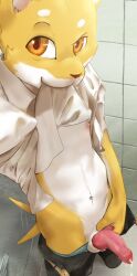 anthro anus bathroom bodily_fluids canid canine canis clothed clothing domestic_dog fur genital_fluids hi_res male mammal partially_clothed precum public_restroom selfie solo stampmats student tail_motion wiggle yellow_body yellow_eyes yellow_fur