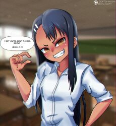 1girls 2022 black_hair brown_eyes dialogue english_text female female_focus female_only hayase_nagatoro long_hair petite please_don't_bully_me,_nagatoro small_breasts smile softshikioni tan tan-skinned_female tanned_skin teasing teasing_viewer text