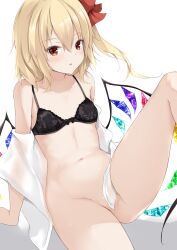 bangs bare_shoulders black_bra blonde_hair blush bottomless bra breasts collarbone crystal eyebrows_visible_through_hair feet_out_of_frame female flandre_scarlet groin hair_between_eyes highres kashiwagi_yamine knee_up leg_up looking_at_viewer navel no_hat no_headwear off_shoulder open_clothes open_shirt parted_lips red_eyes red_ribbon ribbon shirt small_breasts solo stomach thighs touhou underwear white_background white_shirt wings