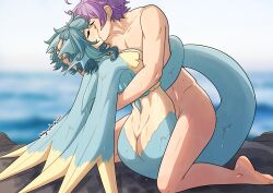 1boy 1girls ambiguous_penetration ass blue_hair blurry_background closed_eyes female female_penetrated fins hi_res hugging human humanoid interspecies intimate kinkymation kissing light-skinned_female light_skin male marine medium_hair nintendo nude nude_male passionate penetration pokémon_(species) pokemon pokemon-girl_encyclopedia pokemorph pokemusu public_nudity public_sex public_use purple_hair seadra seaside straight wet wet_skin wholesome_instant_loss