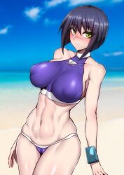 absurdres bare_shoulders blue_hair blue_sky blurry blurry_background blush busou_renkin cameltoe closed_mouth cloud cloudy_sky collarbone covered_collarbone covered_erect_nipples eyebrows_visible_through_hair eyelashes eyes_visible_through_hair female gggg green_eyes hatching highres long_eyelashes looking_at_viewer navel ocean outdoors sand scar scar_on_face scar_on_nose shiny shiny_skin short_hair skindentation sky solo swimsuit tsumura_tokiko