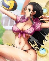 big_breasts bikini black_eyes black_hair black_underwear bracelet breasts cleavage female female_focus female_only nico_robin one_piece one_piece_film_gold open_mouth pink_clothing pirate post-timeskip rakara11 seductive seductive_look seductive_mouth solo sports_bikini sweat sweating volleyball