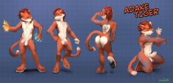 adake_feuglace anthro ass back_markings ball_tuft balls biped black_pawpads blue_body blue_eyes blue_fur blue_stripes blue_tail brown_hair cheek_tuft chest_tuft claws crotch_tuft dipstick_ears dipstick_tail erection facial_tuft felid front_view fur genitals glans hair half-erect humanoid_genitalia humanoid_penis kneeling male mammal markings multicolored_ears nude oselotti pantherine pawpads penis pink_glans plantigrade rear_view red_body red_ears red_fur red_tail signature simple_background solo standing striped_arms striped_legs striped_markings striped_tail stripes tail_markings tiger tuft white_balls white_body white_claws white_ears white_fur white_penis white_tail yellow_sclera