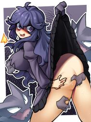 1girls @_@ ass ass_grab big_ass blush breasts dress dress_lift female fingering ghost goth haunter hex_maniac nintendo pale-skinned_female pale_skin panties poco_(artist) pokemon pokemon_rgby pokemon_xy purple_eyes purple_hair surprised sweater text thick_ass thick_thighs thighs unusual_pupils