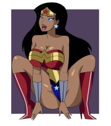 1girls 2d accurate_art_style big_breasts black_hair blue_eyes breasts cameltoe dc_comics dcau diana_prince female female_only femsub ghostlessm justice_league_unlimited panting petplay solo spread_legs squatting star_earrings tan-skinned_female thick_thighs tongue_out wonder_woman wonder_woman_(series)