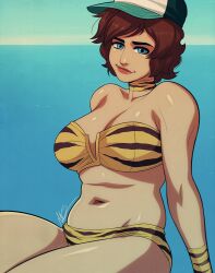 1girls april_o'neil april_o'neil_(tmnt_1987) baseball_cap beach big_breasts bikini blue_eyes brown_hair cleavage female female_only freckles huge_breasts seaside solo teenage_mutant_ninja_turtles tiger_print triplexmile voluptuous