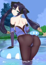 ass back_view big_butt blue_eyes blue_hair butt_crack cameltoe genshin_impact lake legs mona_(genshin_impact) purple_hair ruperallmighty slime slime_monster swimwear turquoise_eyes water